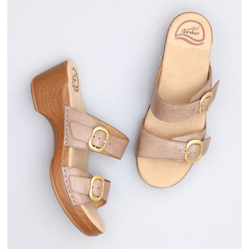 Dansko Womens Taupe Double-Buckle Slide Sandals